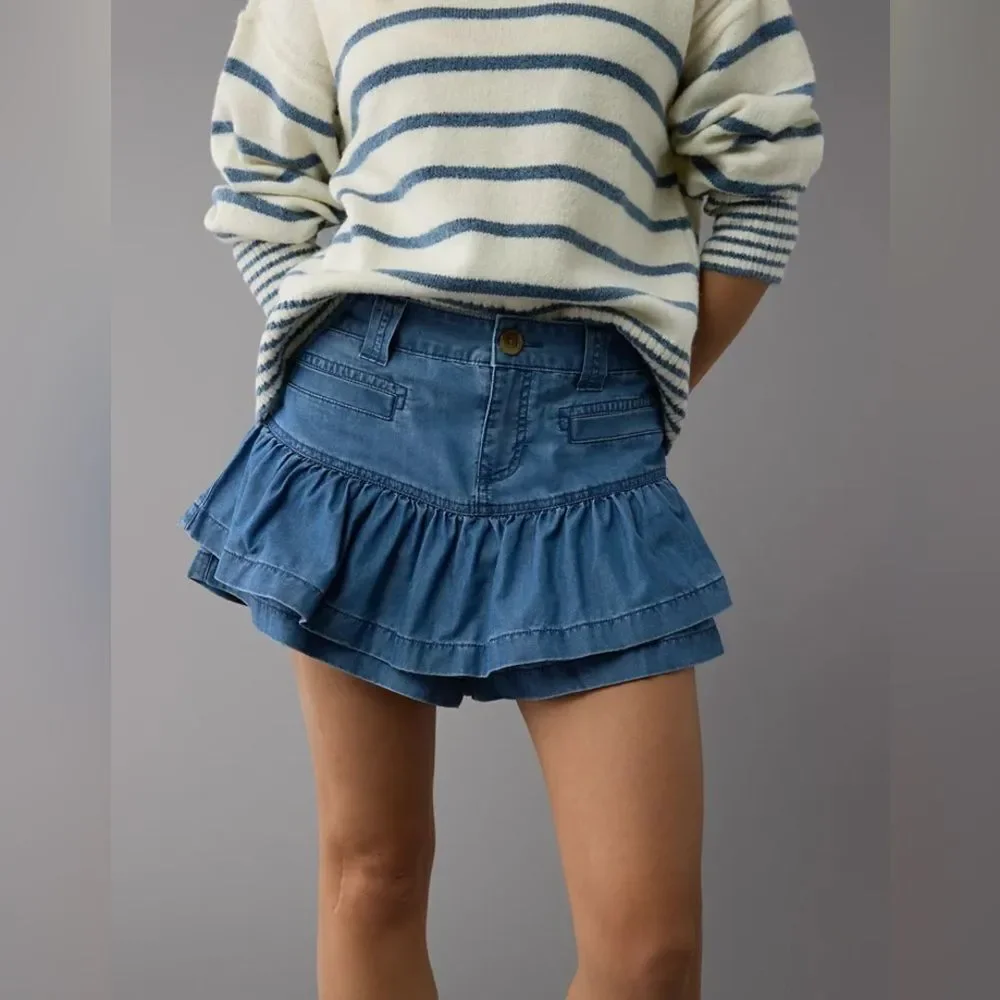 American Eagle Blue‎ Denim Tiered Ruffle Skort Medium Wash Womens Size 10